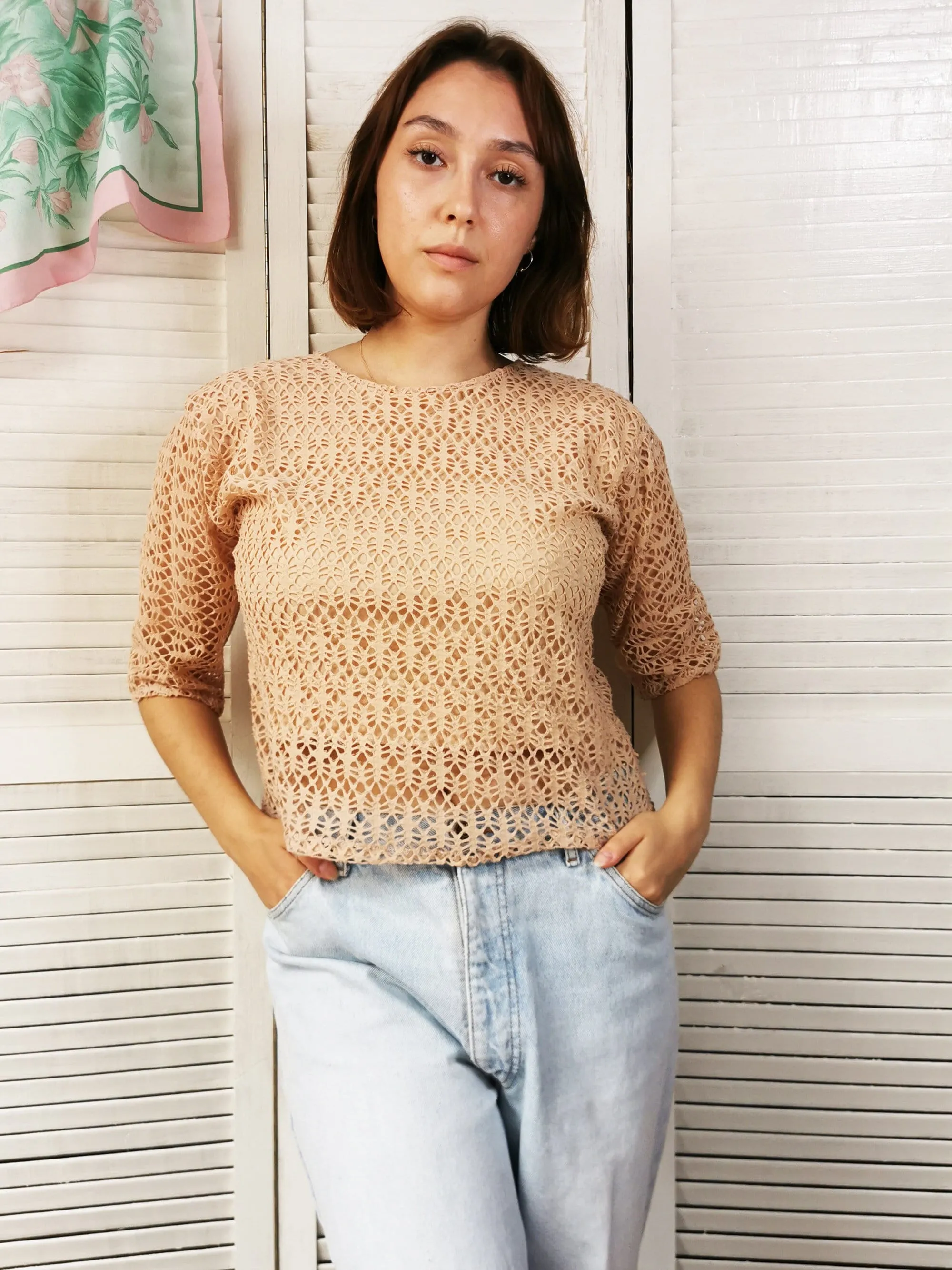 Vintage 90s minimalist pink fishnet top blouse