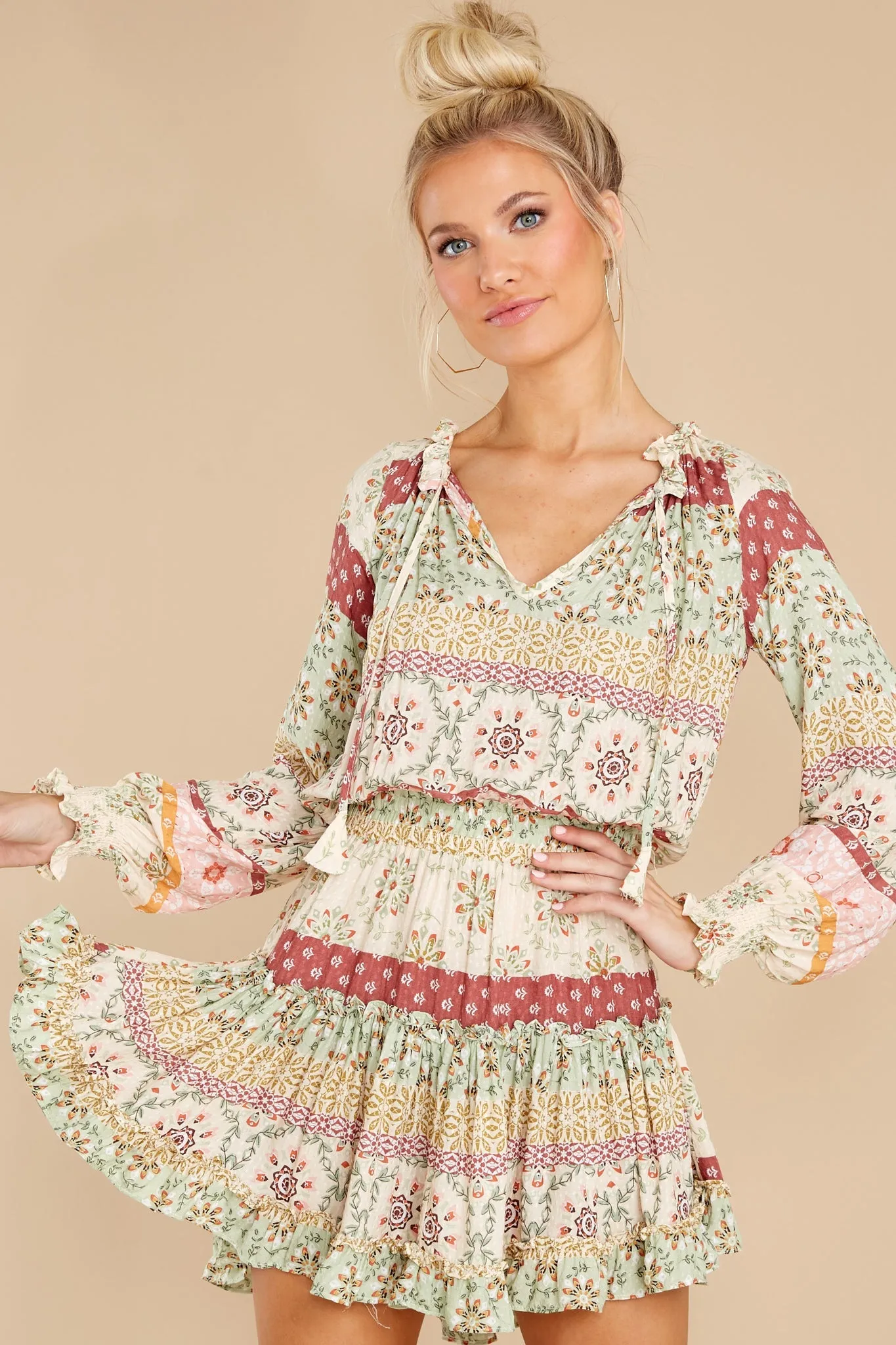 Whimsical Feeling Sage Multi Print Dress