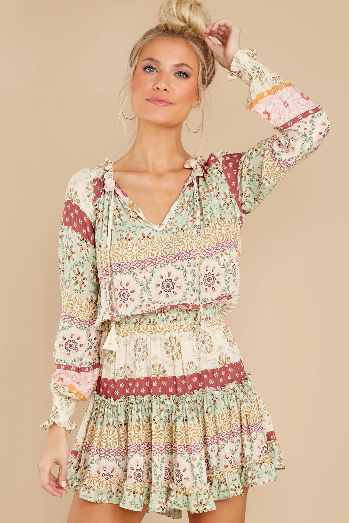 Whimsical Feeling Sage Multi Print Dress