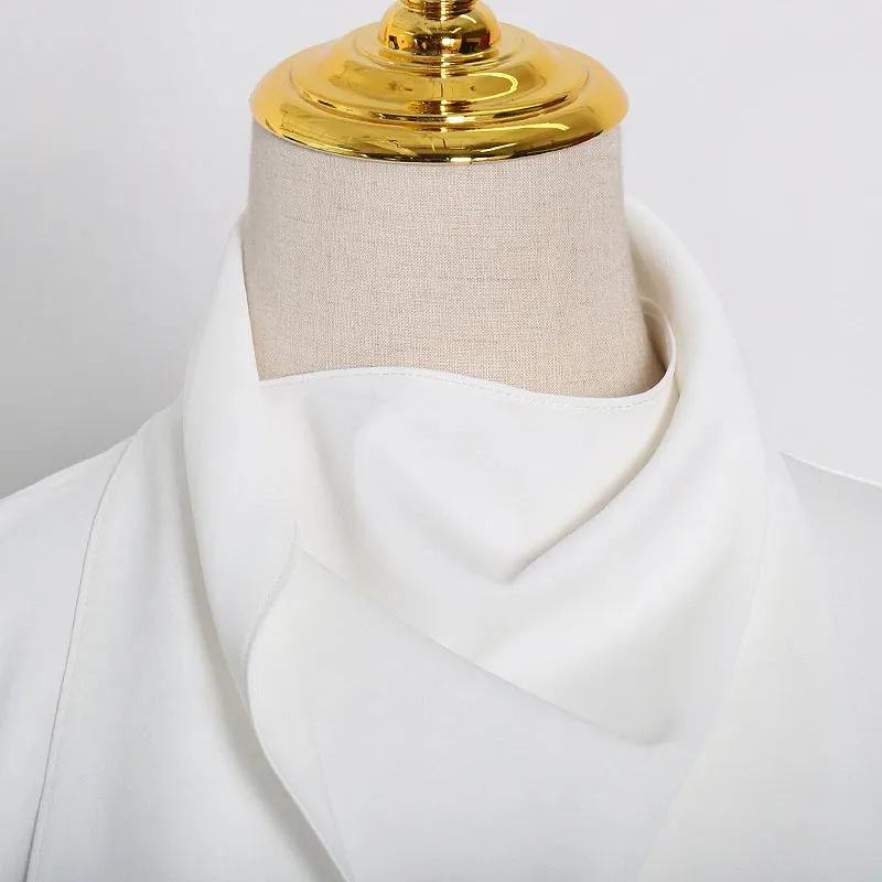 White Ruched Solid Shirt For Female Stand Collar Long Sleeve Minimalist Blouse Women Fashion Clothing