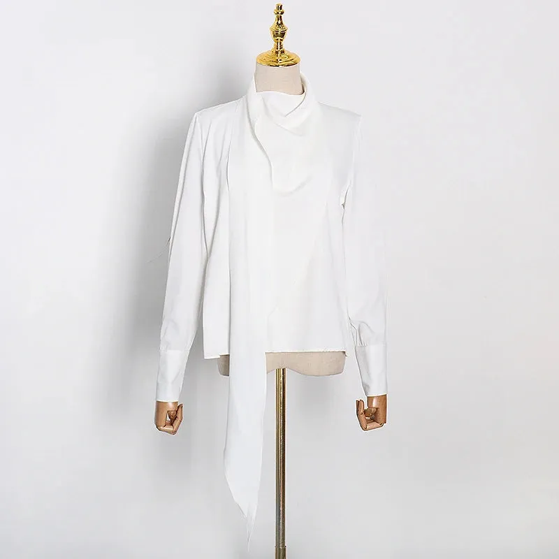 White Ruched Solid Shirt For Female Stand Collar Long Sleeve Minimalist Blouse Women Fashion Clothing