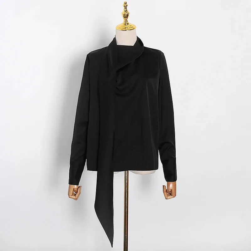 White Ruched Solid Shirt For Female Stand Collar Long Sleeve Minimalist Blouse Women Fashion Clothing