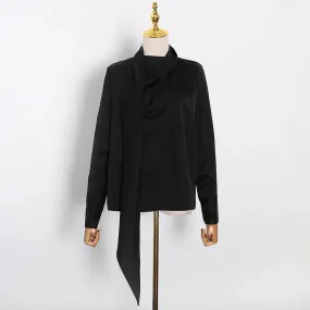 White Ruched Solid Shirt For Female Stand Collar Long Sleeve Minimalist Blouse Women Fashion Clothing