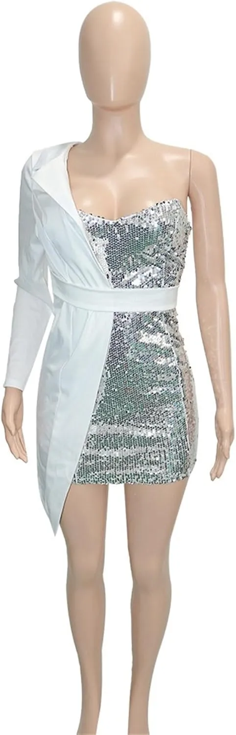 Women Sequin Sexy One Shoulder Dress Long Sleeve Backless Bodycon Cocktail Evening Dress 2024 Formal Party Dress