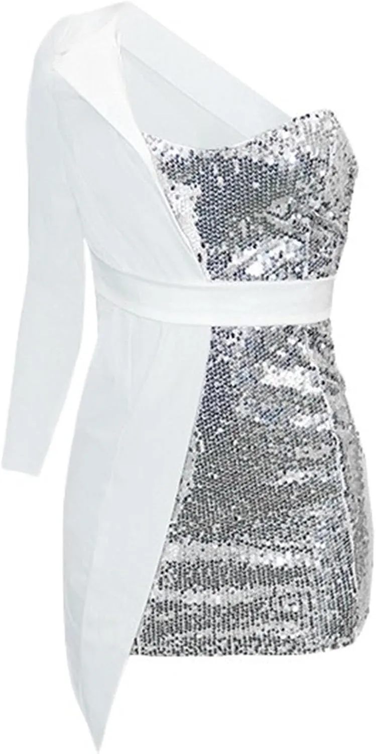 Women Sequin Sexy One Shoulder Dress Long Sleeve Backless Bodycon Cocktail Evening Dress 2024 Formal Party Dress