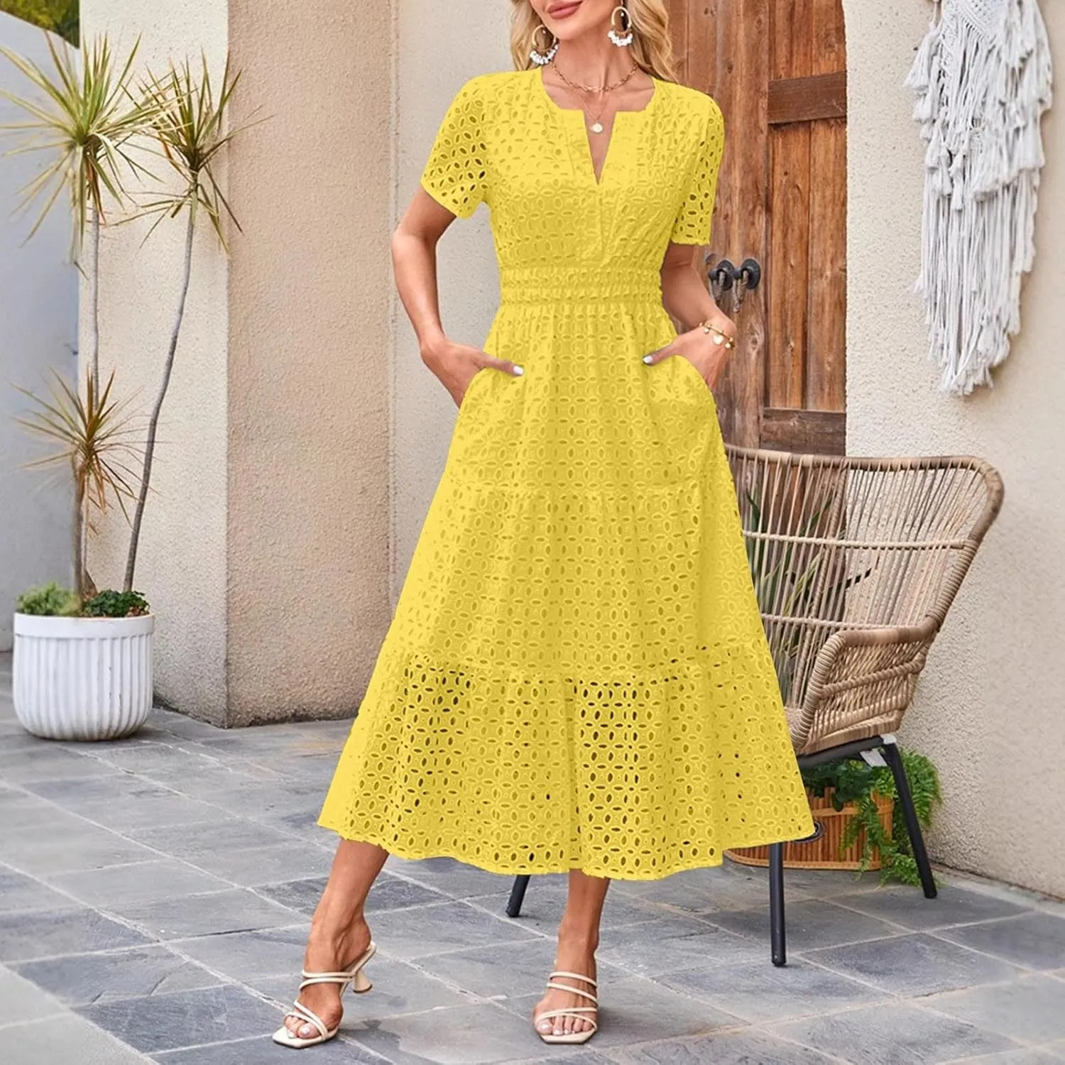 Women Summer Boho Maxi Dresses Eyelet Hollow Out Lace V Neck Short Sleeve Wrap Ankle Length Dress 2025 Beach Outfit