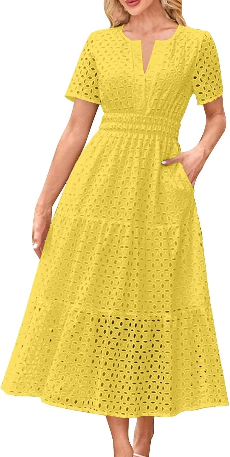 Women Summer Boho Maxi Dresses Eyelet Hollow Out Lace V Neck Short Sleeve Wrap Ankle Length Dress 2025 Beach Outfit