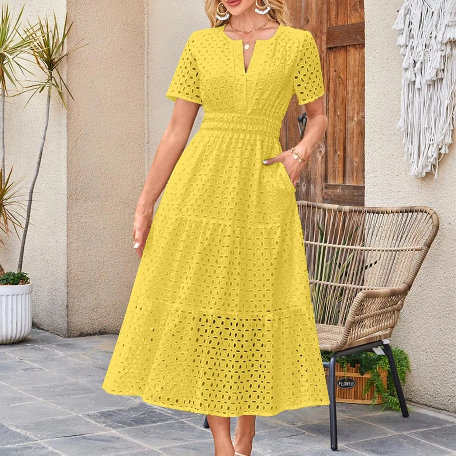 Women Summer Boho Maxi Dresses Eyelet Hollow Out Lace V Neck Short Sleeve Wrap Ankle Length Dress 2025 Beach Outfit