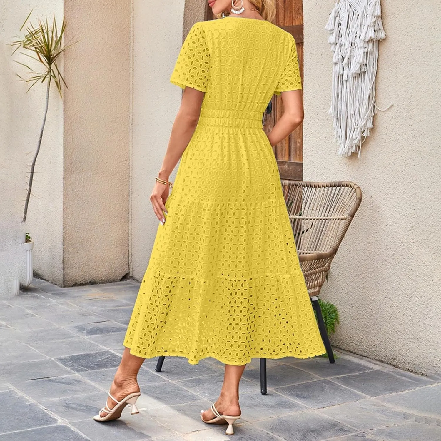 Women Summer Boho Maxi Dresses Eyelet Hollow Out Lace V Neck Short Sleeve Wrap Ankle Length Dress 2025 Beach Outfit
