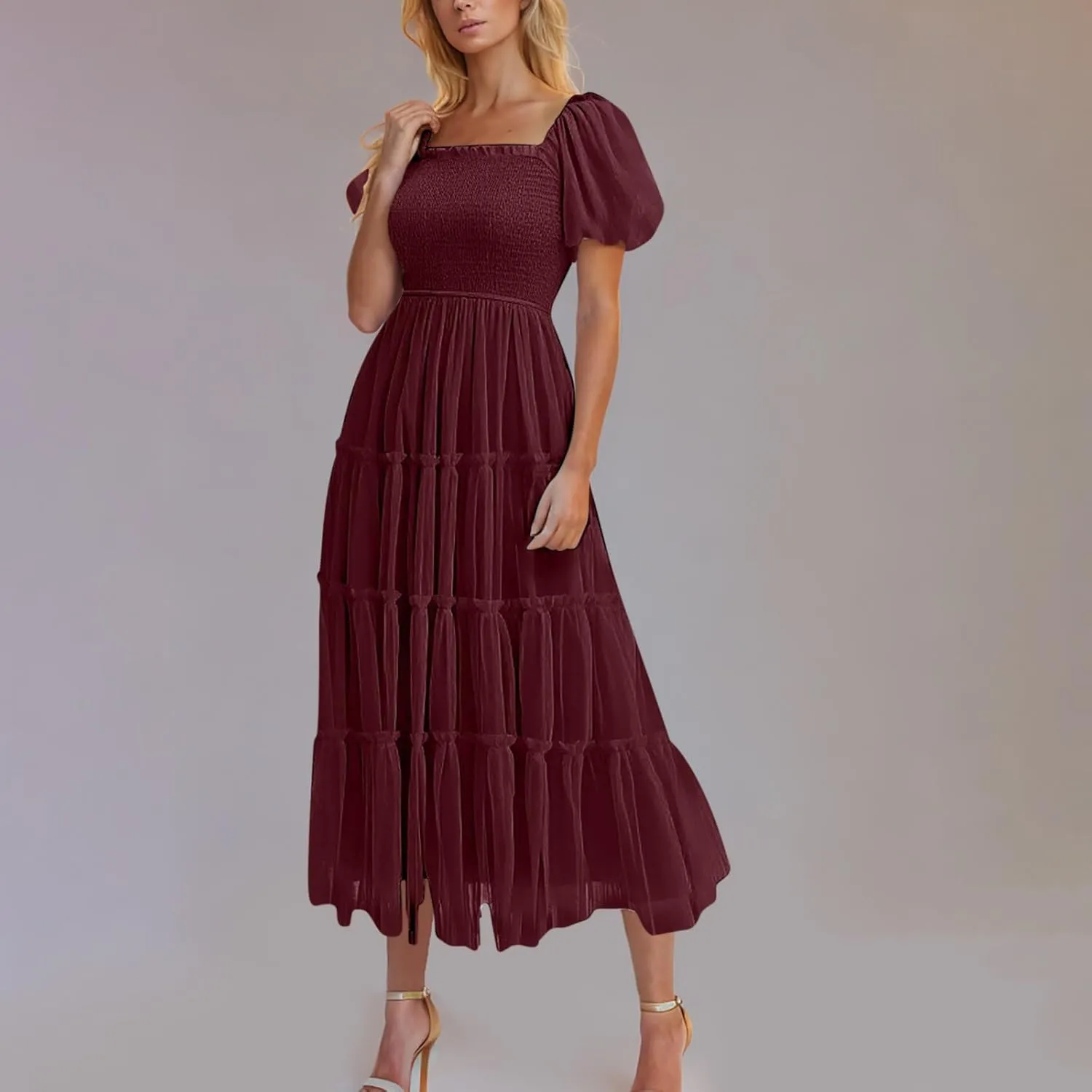 Women's 2025 Summer Casual Boho Dress Waist Slimming Flowy Ruffle Lightweight Skirt Beach Maxi Dresses Spring Dress