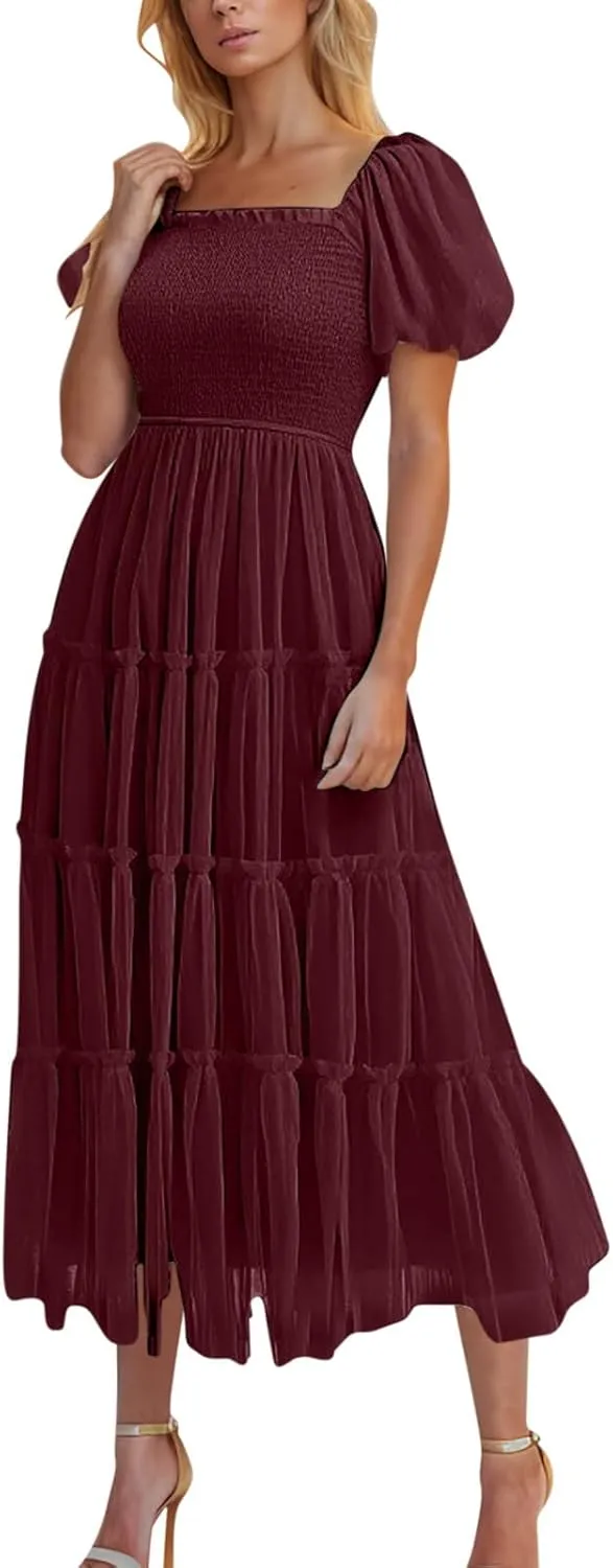 Women's 2025 Summer Casual Boho Dress Waist Slimming Flowy Ruffle Lightweight Skirt Beach Maxi Dresses Spring Dress