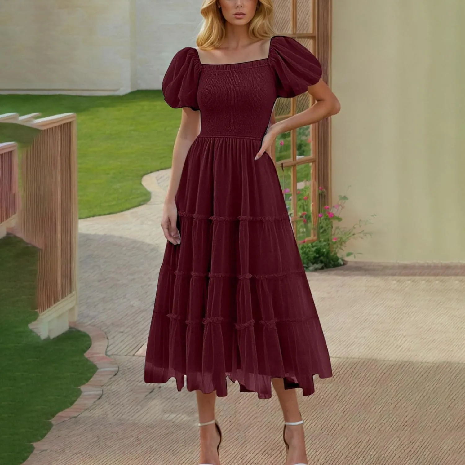 Women's 2025 Summer Casual Boho Dress Waist Slimming Flowy Ruffle Lightweight Skirt Beach Maxi Dresses Spring Dress