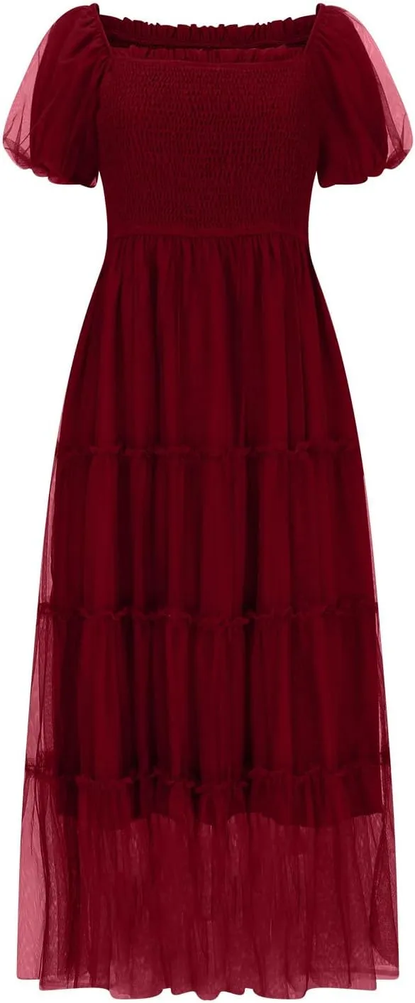 Women's 2025 Summer Casual Boho Dress Waist Slimming Flowy Ruffle Lightweight Skirt Beach Maxi Dresses Spring Dress