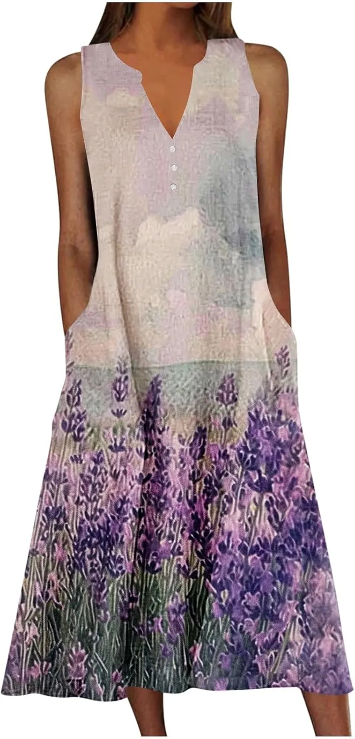 Womens Boho Floral Elegant V Dress Beach Wedding Guest Sundresses Comfortable Soft Dress Long Flowy Trendy Dresses