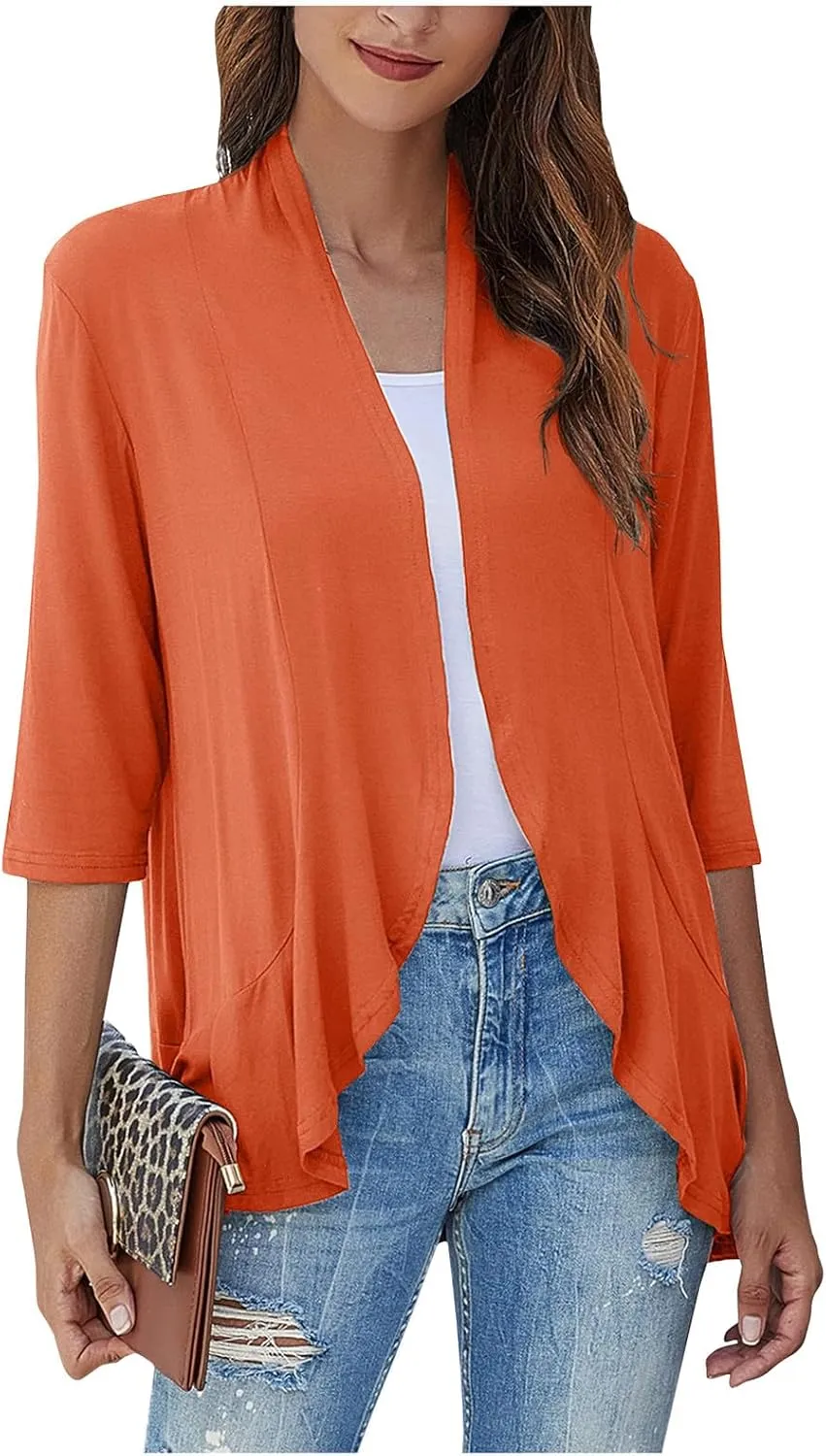 Women's Casual Lightweight Open Front Cardigans Soft Draped Ruffles 3/4 Sleeve Cardigan
