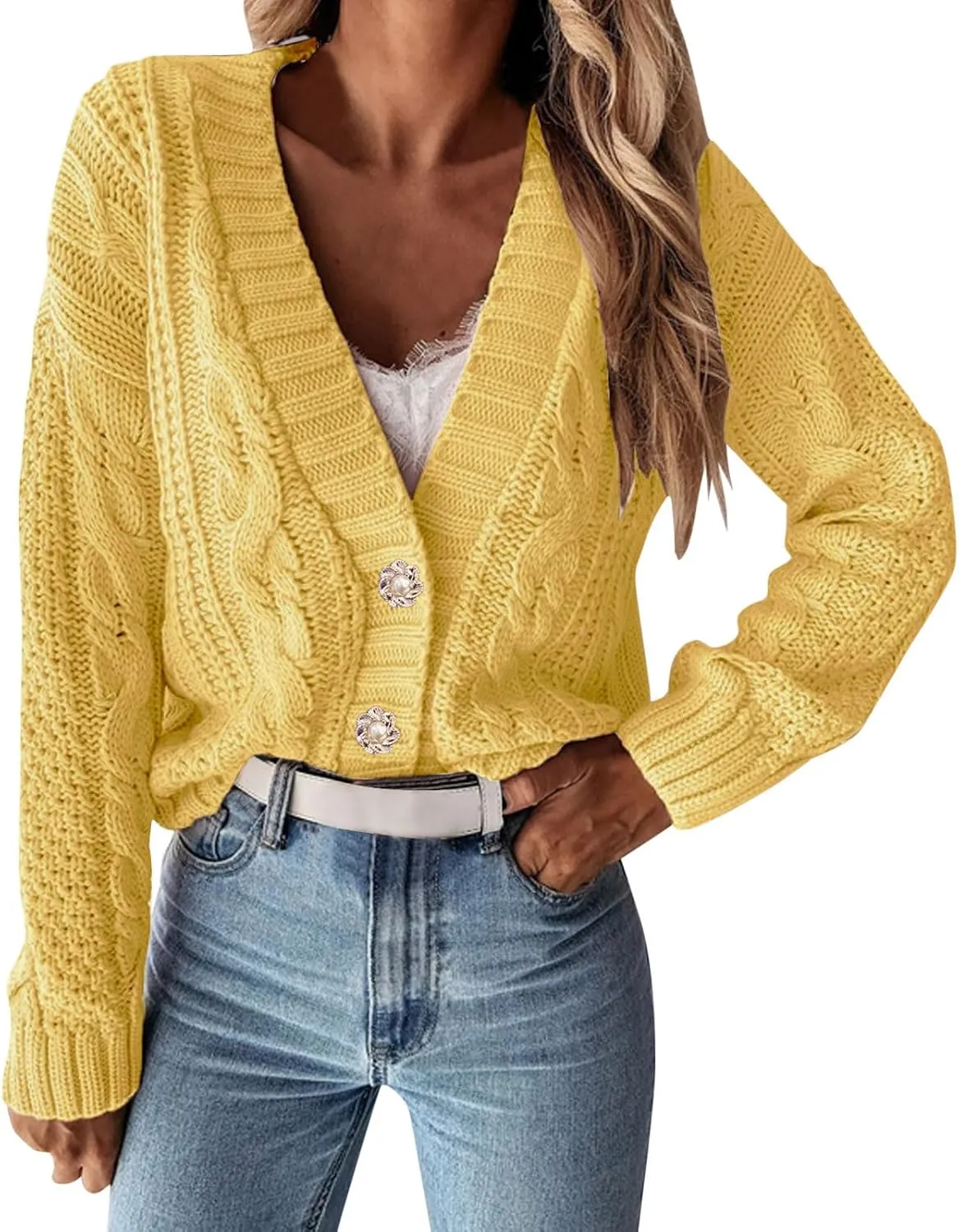 Womens Chunky Knit Sweater Cardigans Comfy Soft V Neck Butotn Down Long Sleeve Jackets Loose Outerwear Fall Outfits