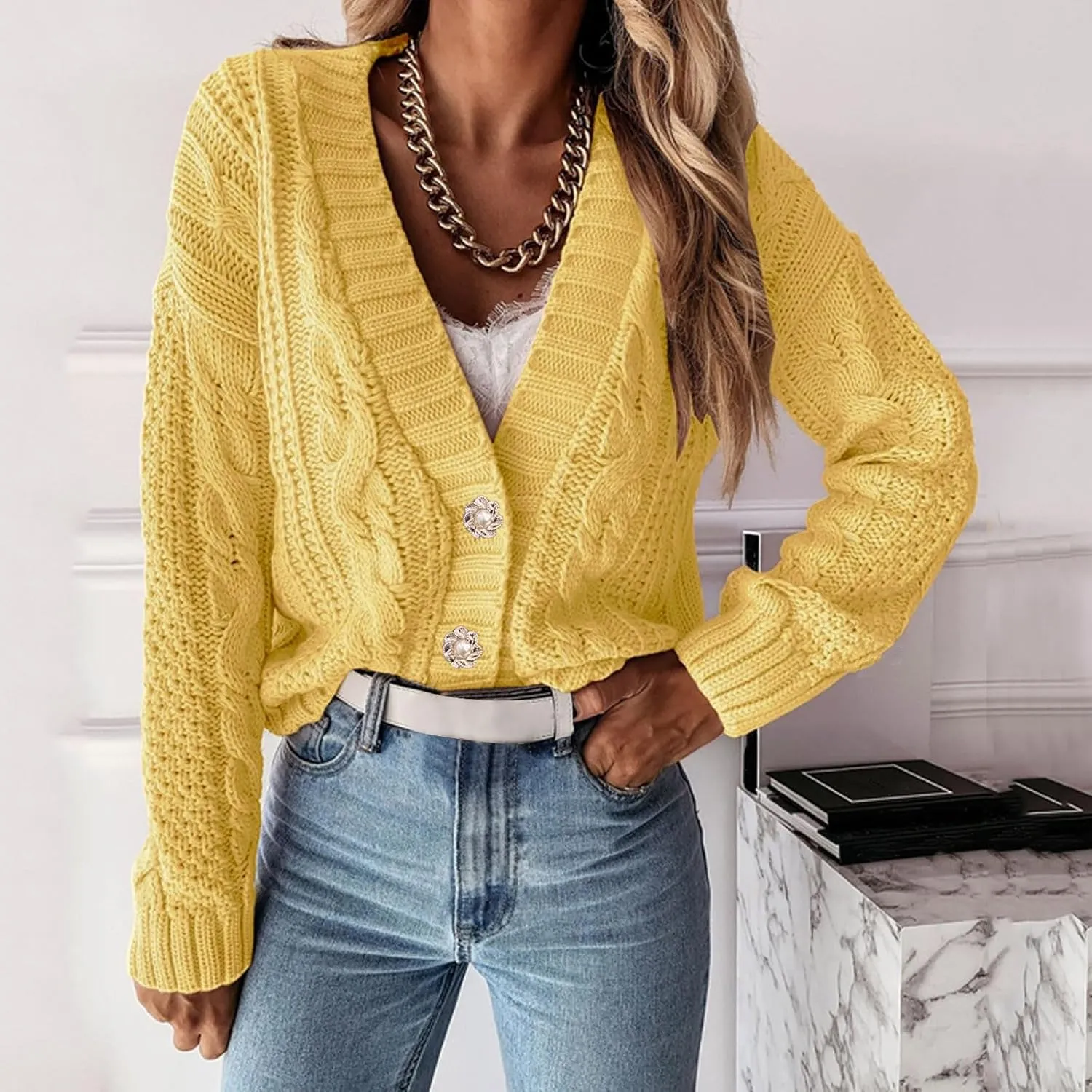 Womens Chunky Knit Sweater Cardigans Comfy Soft V Neck Butotn Down Long Sleeve Jackets Loose Outerwear Fall Outfits