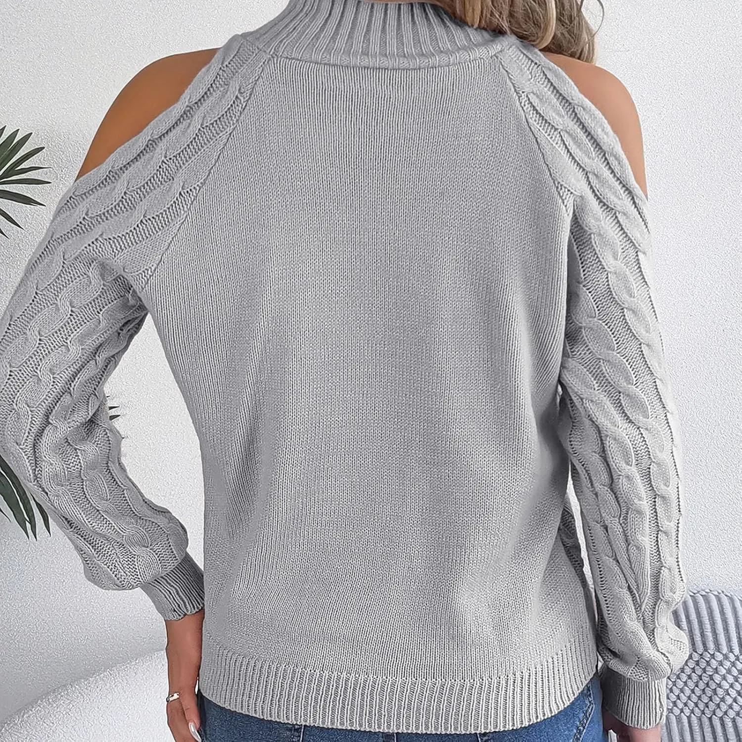 Womens Cold Shoulder Turtleneck Sweaters 2024 Fall Winter Long Sleeve Soft Chunky Cable Knit Pullovers Sexy Jumper Tops
