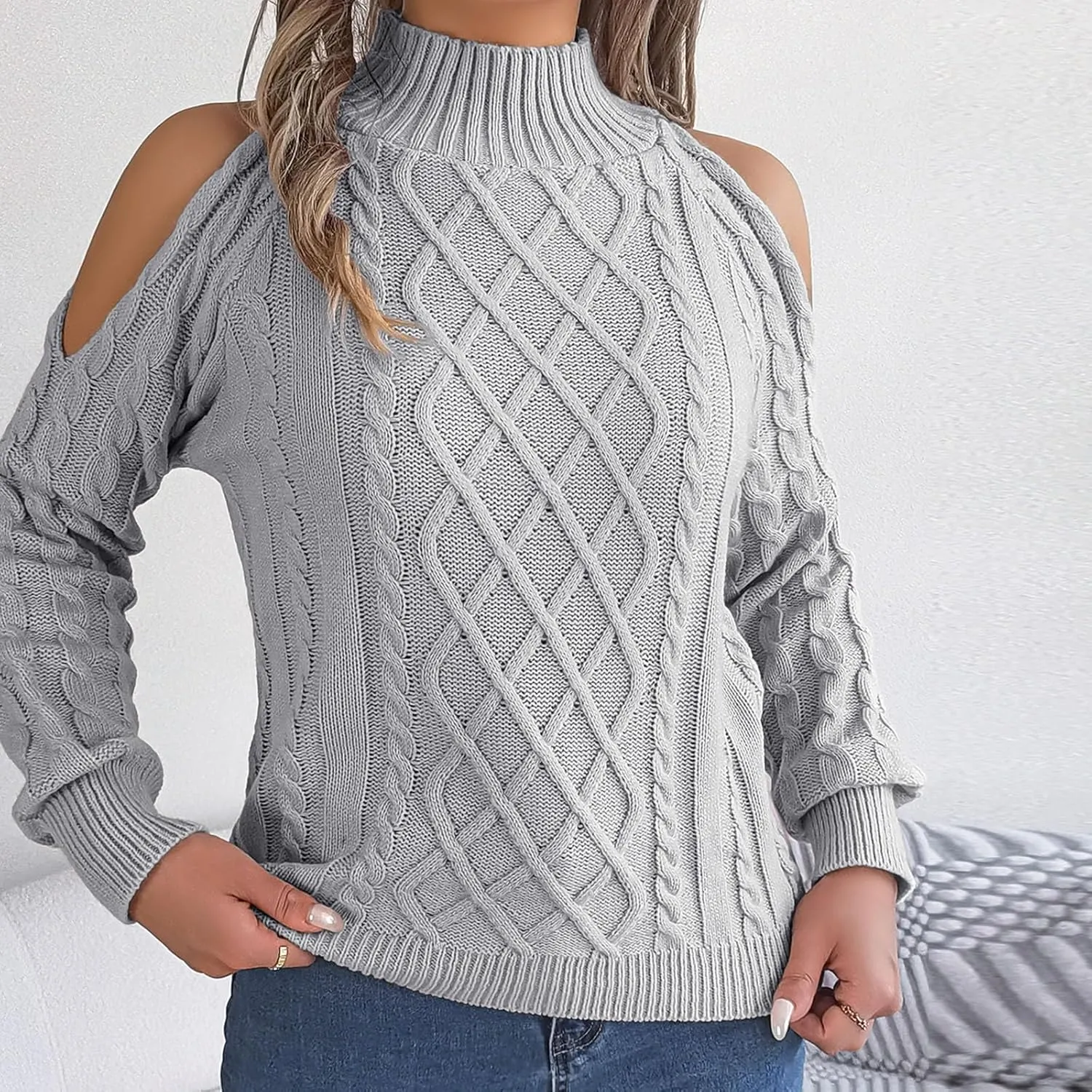 Womens Cold Shoulder Turtleneck Sweaters 2024 Fall Winter Long Sleeve Soft Chunky Cable Knit Pullovers Sexy Jumper Tops