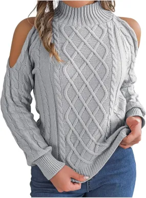 Womens Cold Shoulder Turtleneck Sweaters 2024 Fall Winter Long Sleeve Soft Chunky Cable Knit Pullovers Sexy Jumper Tops