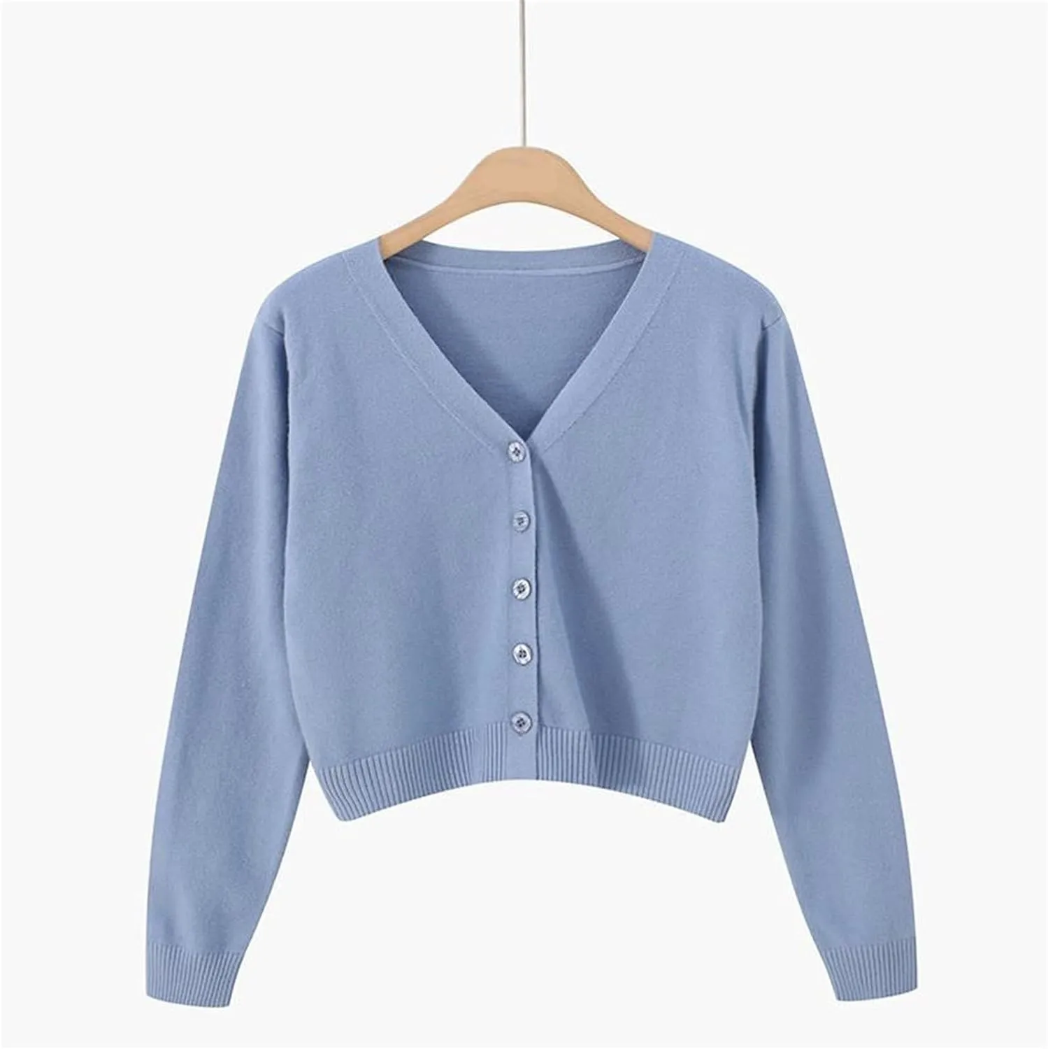 Womens Cropped Cardigan Sweatshirts V Neck Long Sleeves Sweater Soft Button Down Pullovers Plain Lightweight Tops
