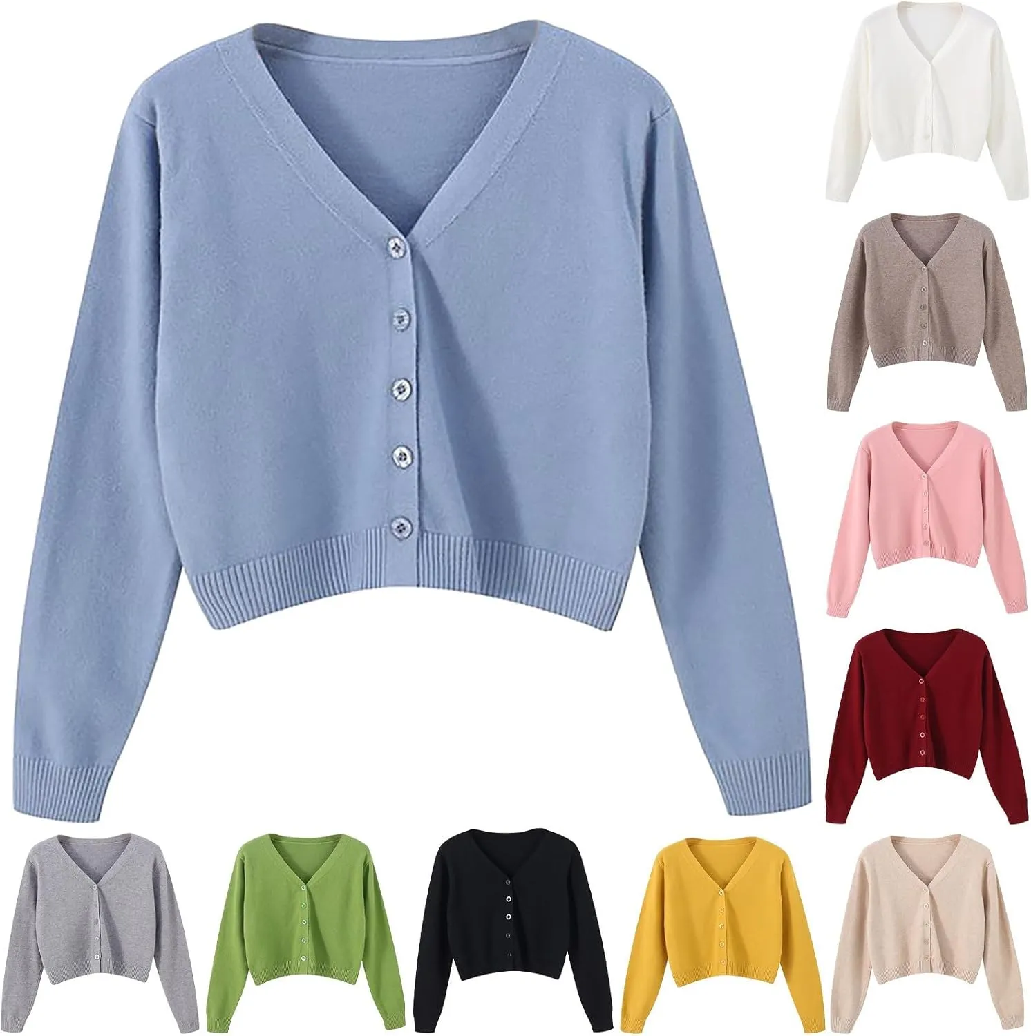 Womens Cropped Cardigan Sweatshirts V Neck Long Sleeves Sweater Soft Button Down Pullovers Plain Lightweight Tops