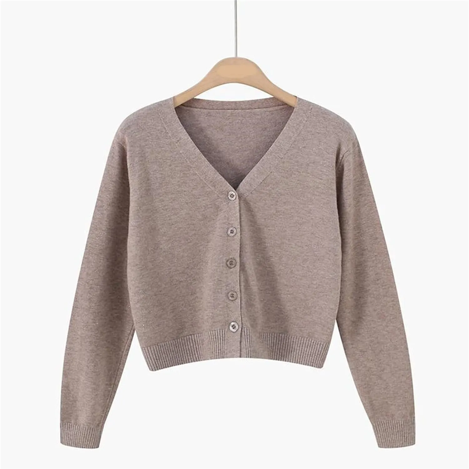 Womens Cropped Cardigan Sweatshirts V Neck Long Sleeves Sweater Soft Button Down Pullovers Plain Lightweight Tops