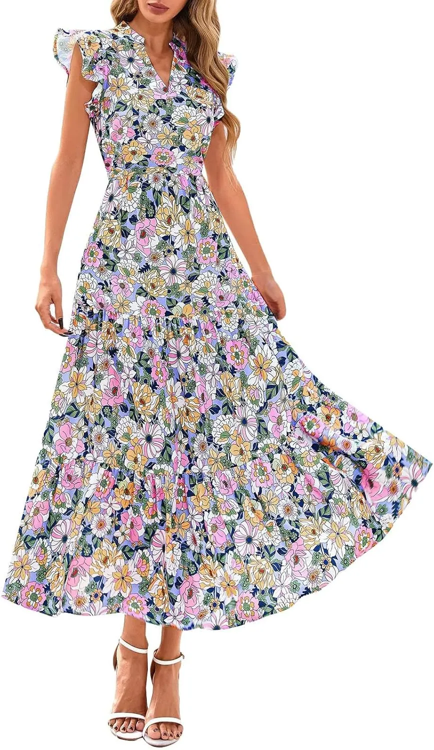 Women's Floral Wrap V-Neck Midi Dress Short Sleeve Boho Summer Beach Long Dress High Low Hem Smocked Dress Women