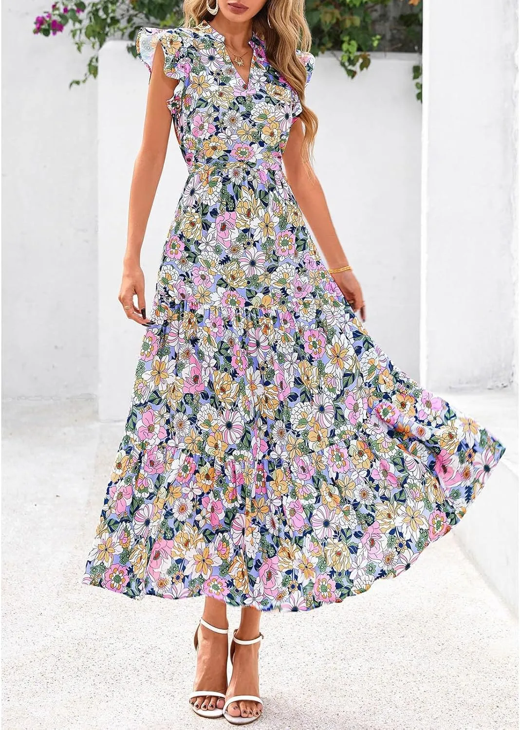Women's Floral Wrap V-Neck Midi Dress Short Sleeve Boho Summer Beach Long Dress High Low Hem Smocked Dress Women