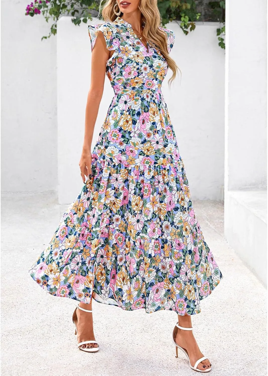 Women's Floral Wrap V-Neck Midi Dress Short Sleeve Boho Summer Beach Long Dress High Low Hem Smocked Dress Women