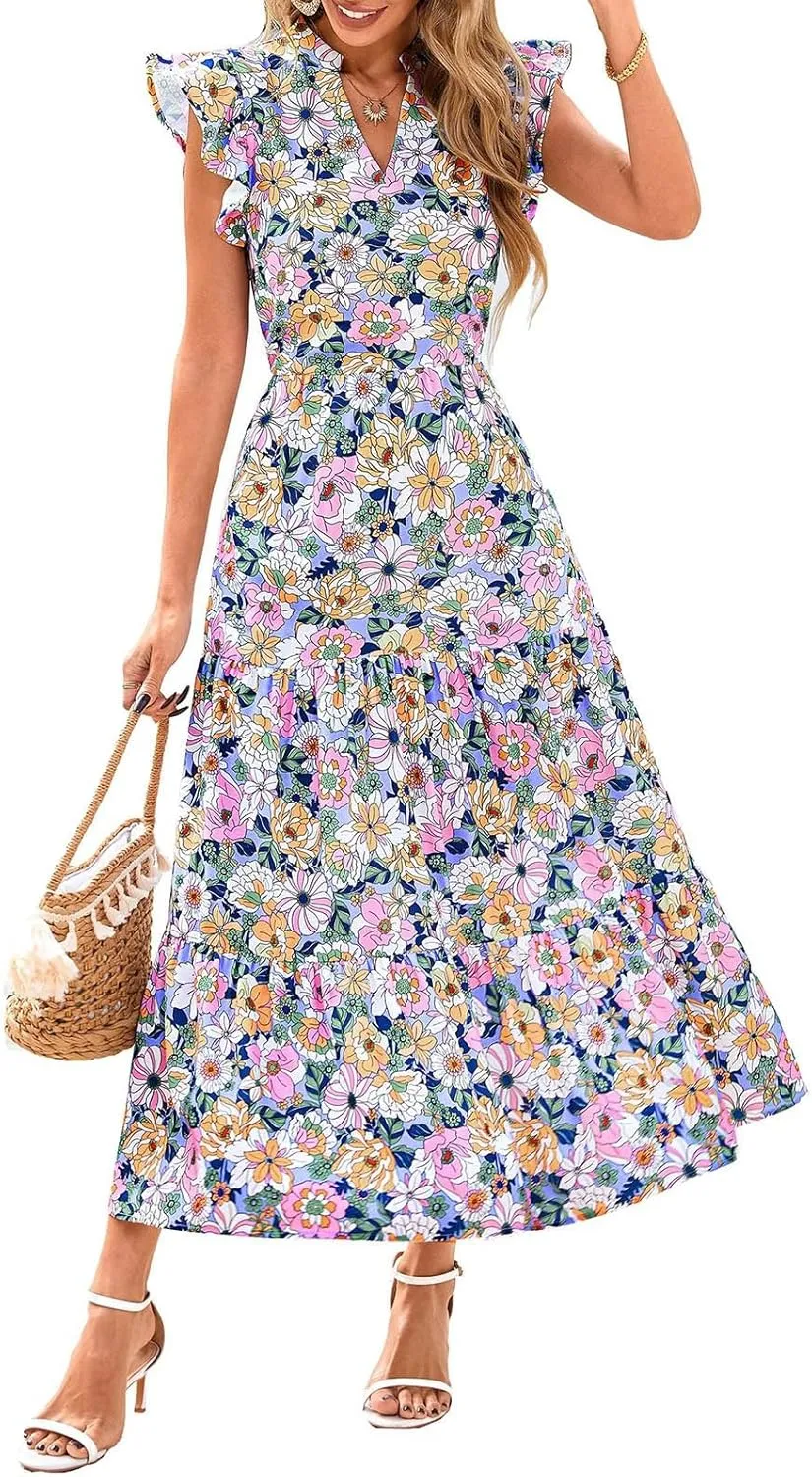 Women's Floral Wrap V-Neck Midi Dress Short Sleeve Boho Summer Beach Long Dress High Low Hem Smocked Dress Women