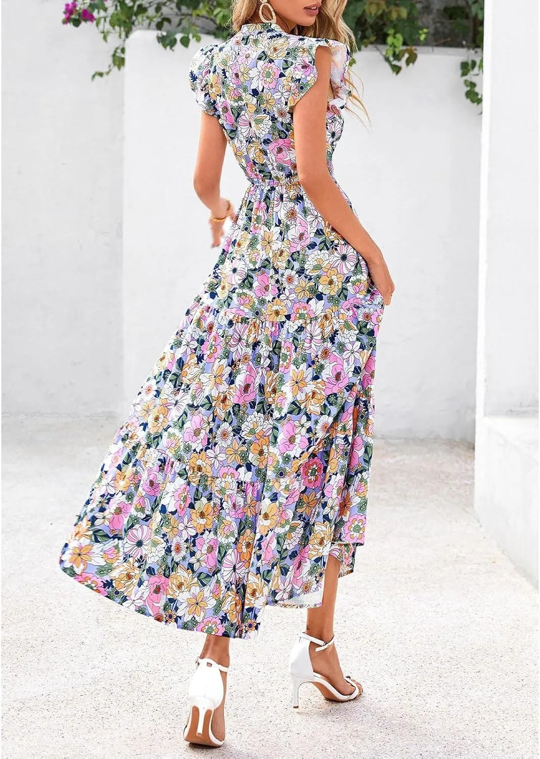 Women's Floral Wrap V-Neck Midi Dress Short Sleeve Boho Summer Beach Long Dress High Low Hem Smocked Dress Women