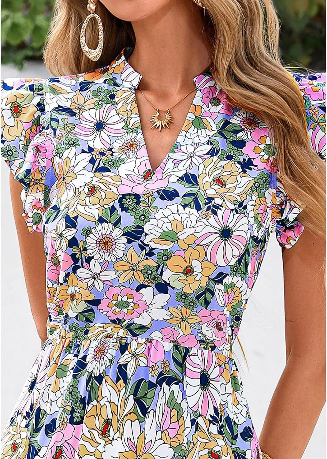 Women's Floral Wrap V-Neck Midi Dress Short Sleeve Boho Summer Beach Long Dress High Low Hem Smocked Dress Women