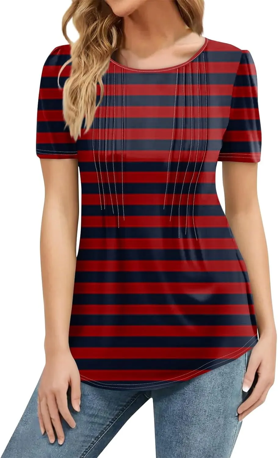 Women's Going Out Tops Petal Short Sleeve Summer Casual Crew Neck Shirts Solid Blouse Pleated Tunics Shirts, S-3XL