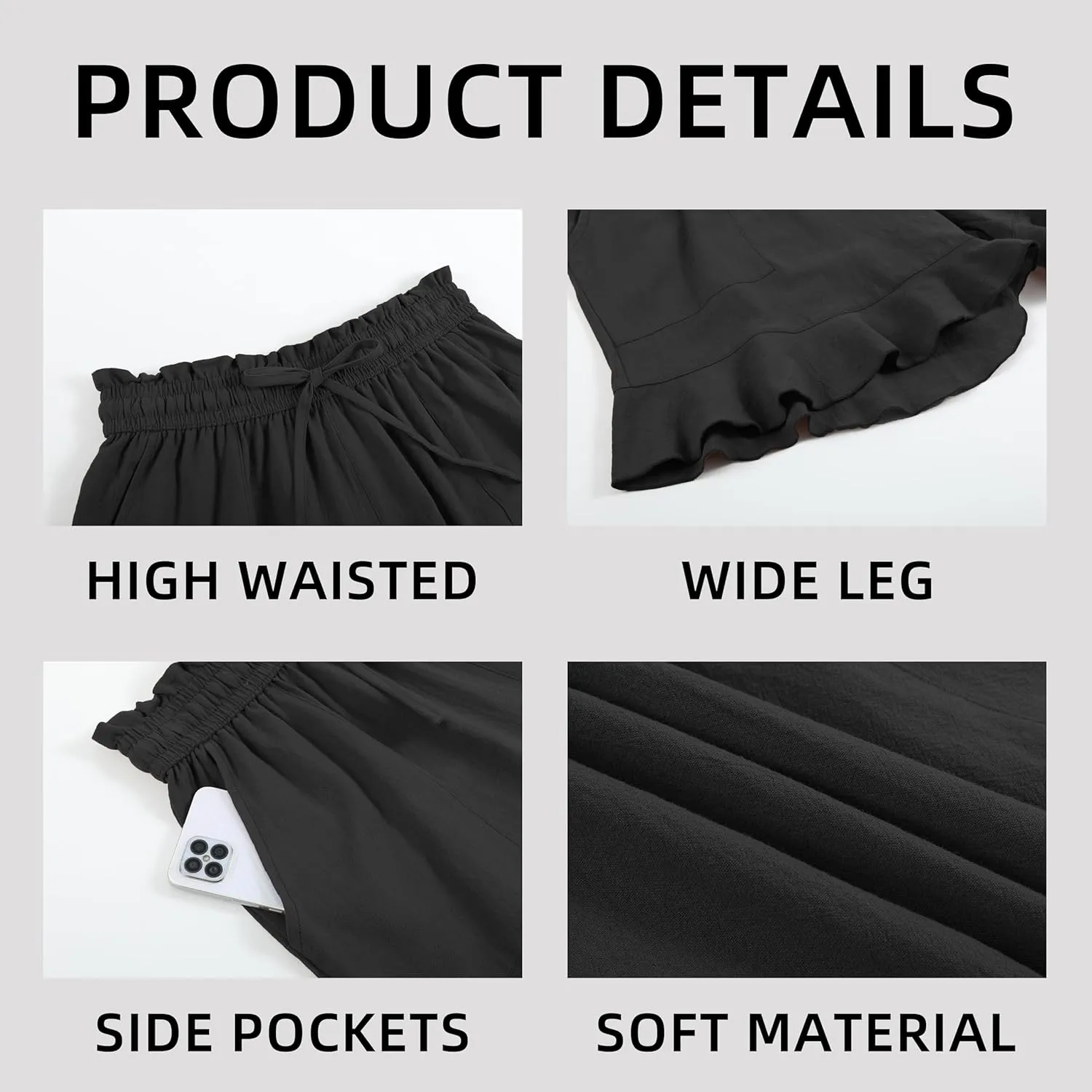 Womens Linen Shorts Wide Leg High Waisted Ruffle Draswtring Summer Beach Flowy Shorts with Pockets