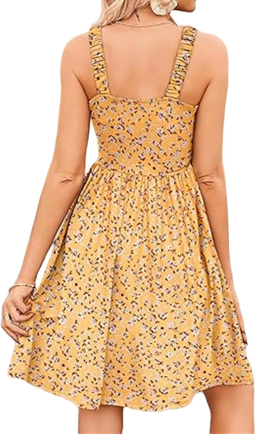 Women's Sleeveless Summer Dress Ruffle Tiered Floral Sundress Boho A-line Mini Dresses High Waist Square Neck Dress