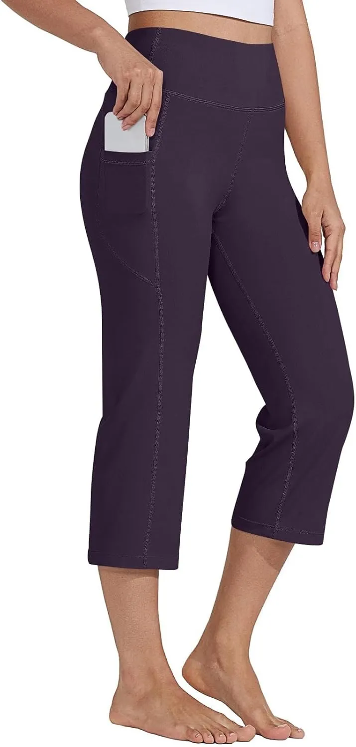 Womens Stretchy Yoga Cropped Pants High Waist Exercises Workout Leggings Tummy Control Straight Capris with Pockets