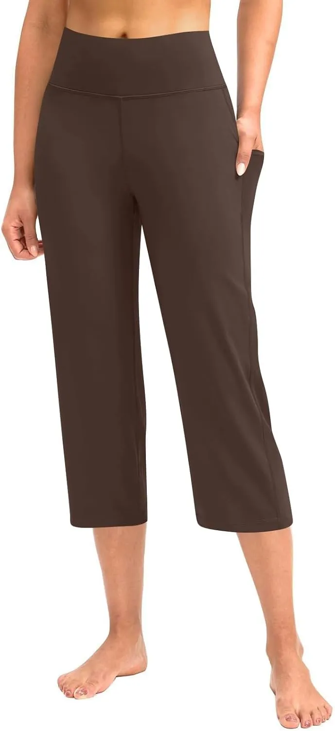 Womens Stretchy Yoga Cropped Pants High Waist Exercises Workout Leggings Tummy Control Straight Capris with Pockets
