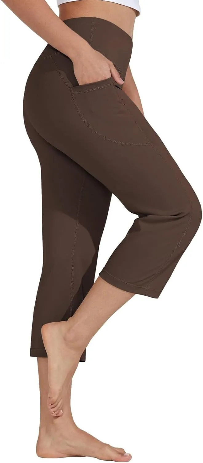 Womens Stretchy Yoga Cropped Pants High Waist Exercises Workout Leggings Tummy Control Straight Capris with Pockets