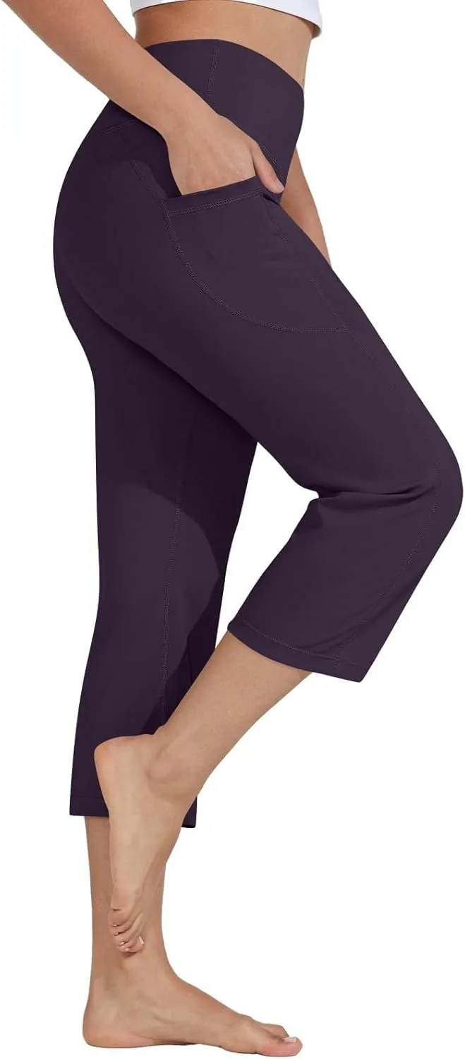 Womens Stretchy Yoga Cropped Pants High Waist Exercises Workout Leggings Tummy Control Straight Capris with Pockets