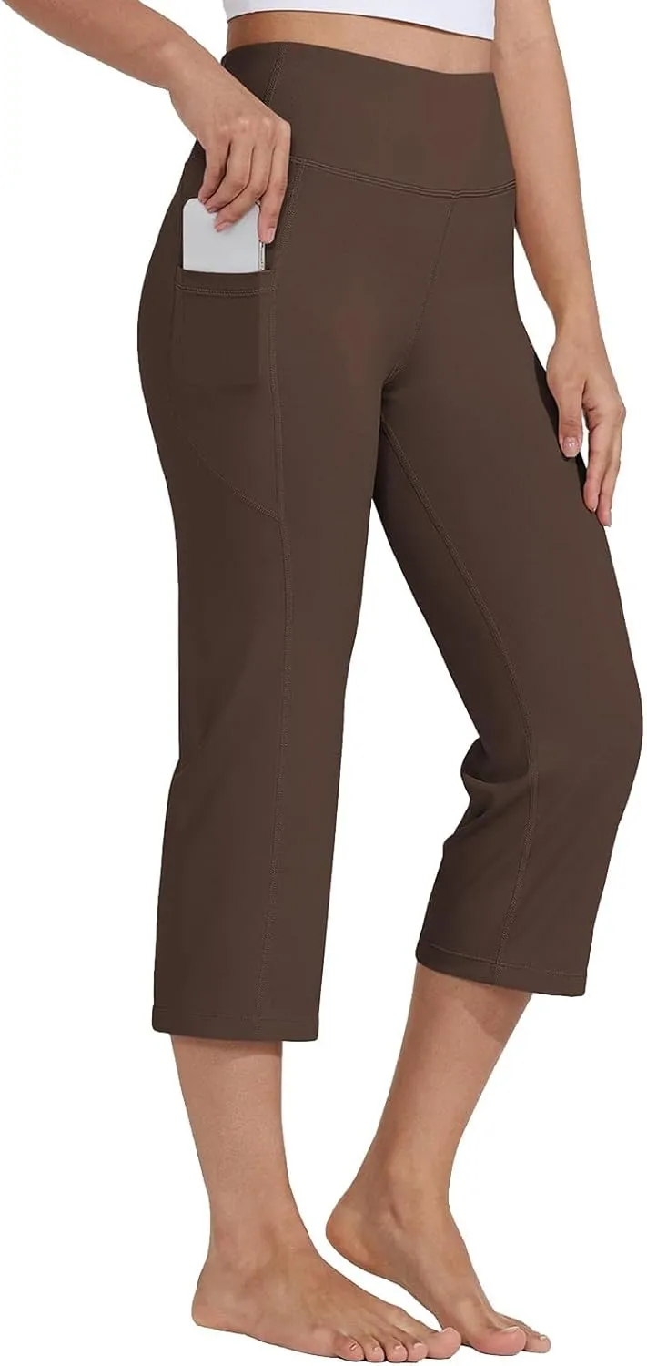 Womens Stretchy Yoga Cropped Pants High Waist Exercises Workout Leggings Tummy Control Straight Capris with Pockets