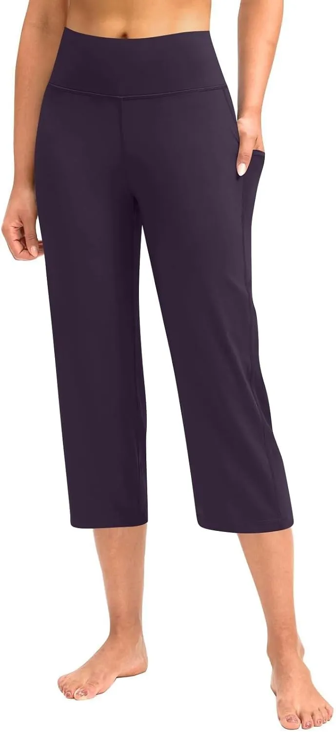 Womens Stretchy Yoga Cropped Pants High Waist Exercises Workout Leggings Tummy Control Straight Capris with Pockets