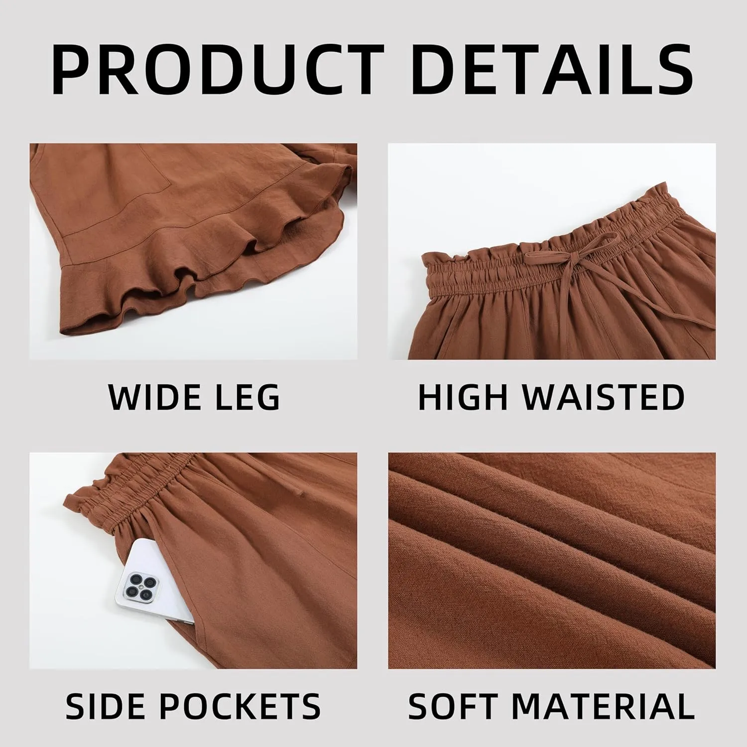 Womens Summer Linen Shorts Wide Leg High Waisted Ruffle Draswtring Beach Flowy Shorts with Pockets
