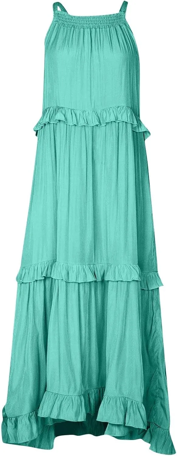 Womens Summer Sleeveless Dress Halter Tie Back Loose Flowy Ruffle Tiered Maxi Dress Beach Swing Long Dresses Sundress