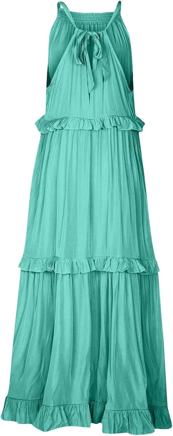 Womens Summer Sleeveless Dress Halter Tie Back Loose Flowy Ruffle Tiered Maxi Dress Beach Swing Long Dresses Sundress