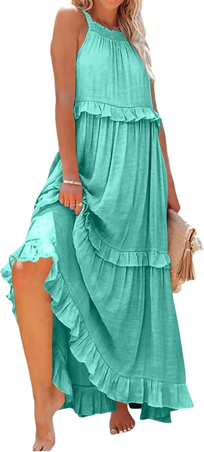 Womens Summer Sleeveless Dress Halter Tie Back Loose Flowy Ruffle Tiered Maxi Dress Beach Swing Long Dresses Sundress