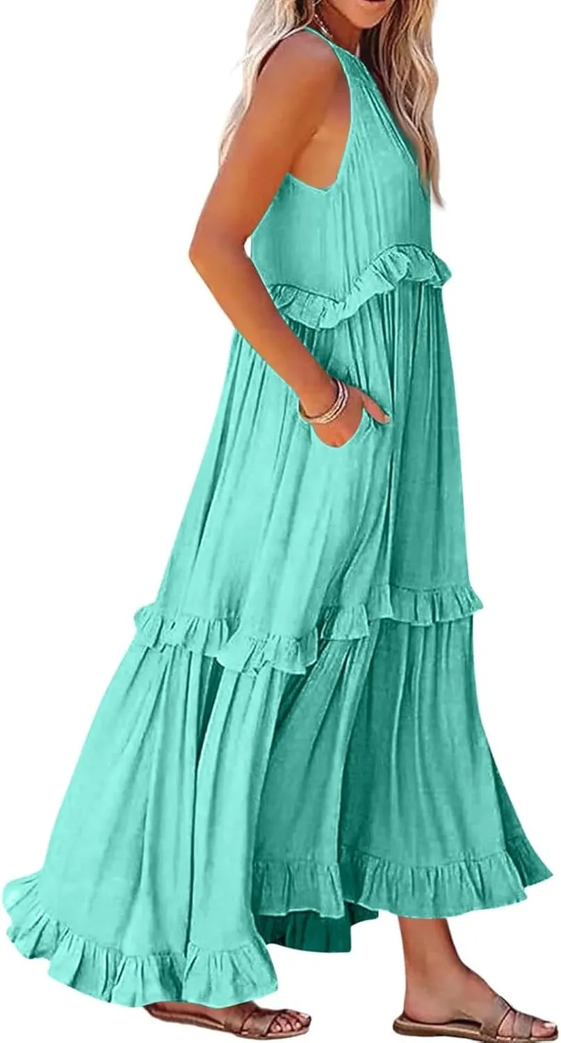 Womens Summer Sleeveless Dress Halter Tie Back Loose Flowy Ruffle Tiered Maxi Dress Beach Swing Long Dresses Sundress