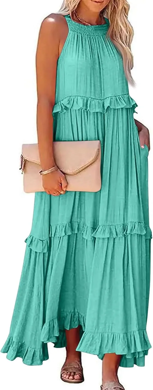 Womens Summer Sleeveless Dress Halter Tie Back Loose Flowy Ruffle Tiered Maxi Dress Beach Swing Long Dresses Sundress