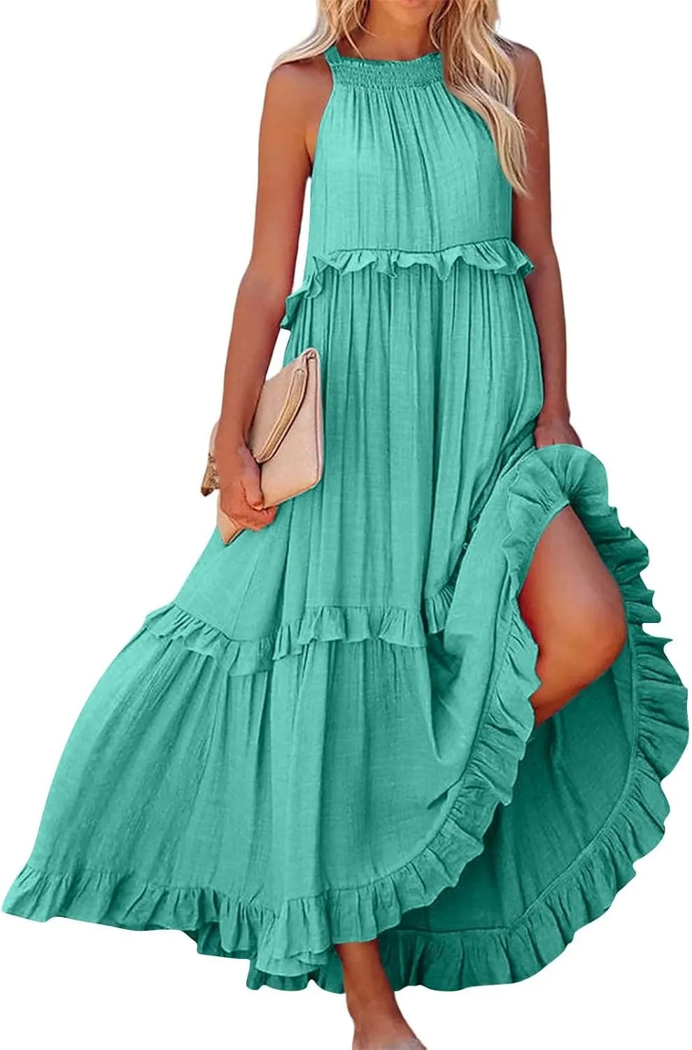 Womens Summer Sleeveless Dress Halter Tie Back Loose Flowy Ruffle Tiered Maxi Dress Beach Swing Long Dresses Sundress