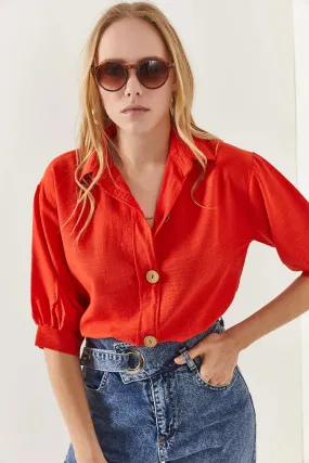Wooden Buttoned Three Quarter Sleeve Minimalist & Affordable Woman Blouse, Vintage Blouse,Gift For Her, Collar Blouse,Boho Blouse 5
